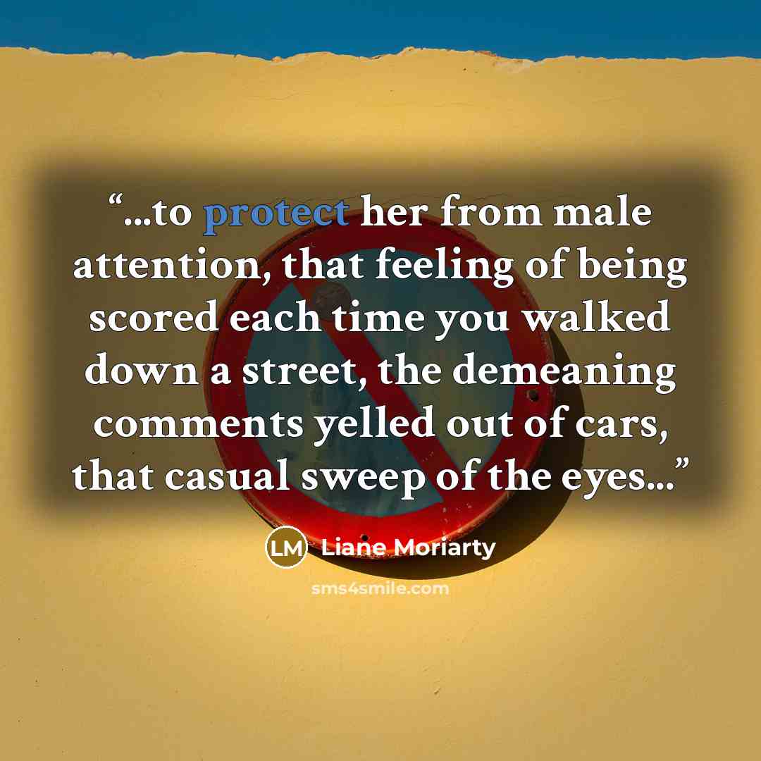 “...to protect her from male attention, that feeling of being scored each time you walked down a street, the demeaning comments yelled out of cars, that casual sweep of the eyes...” quote by Liane Moriarty