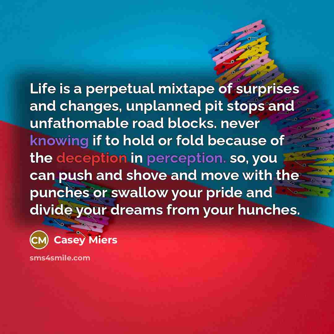 “Life is a perpetual mixtape of surprises and changes, unplanned pit stops and unfathomable road blocks. never knowing if to hold or fold because of the deception in perception. so, you can push and shove and move with the punches or swallow your pride and divide your dreams from your hunches.” quote by Casey Miers