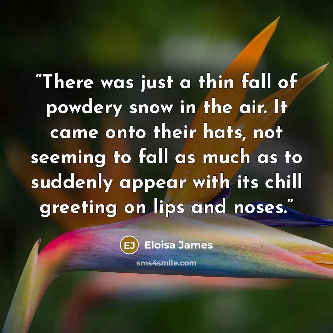 “There was just a thin fall of powdery snow in the air. It came onto their hats, not seeming to fall as much as to suddenly appear with its chill greeting on lips and noses.” quote by Eloisa James