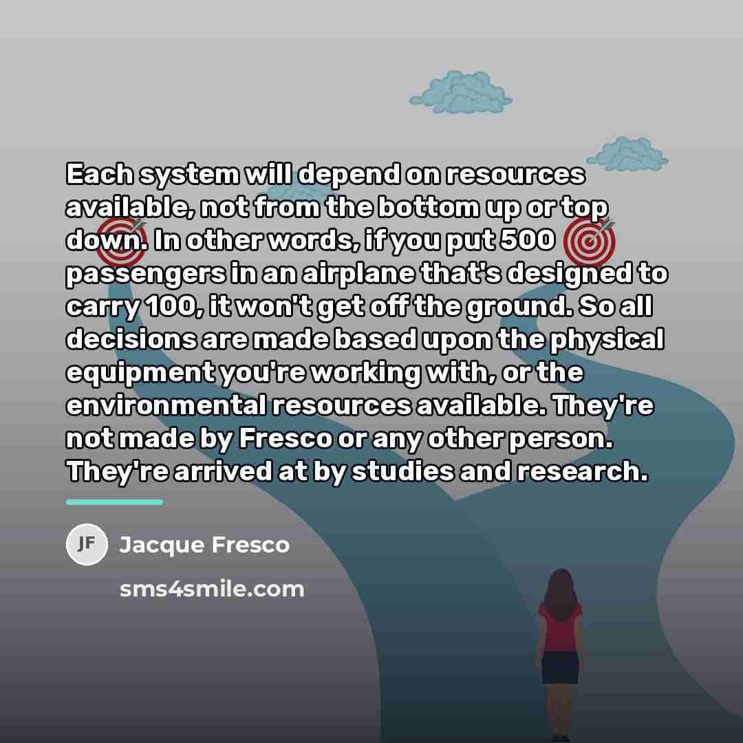 “Each system will depend on resources available, not from the…” quote by Jacque Fresco