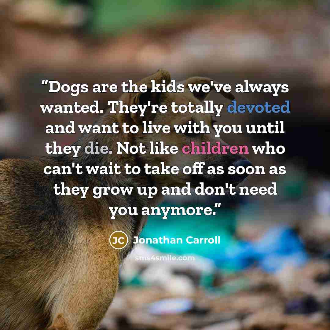 “Dogs are the kids we've always wanted. They're totally devoted and want to live with you until they die. Not like children who can't wait to take off as soon as they grow up and don't need you anymore.” quote by Jonathan Carroll