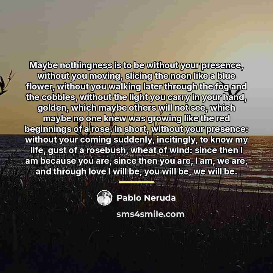 “Maybe nothingness is to be without your presence, without you…” quote by Pablo Neruda