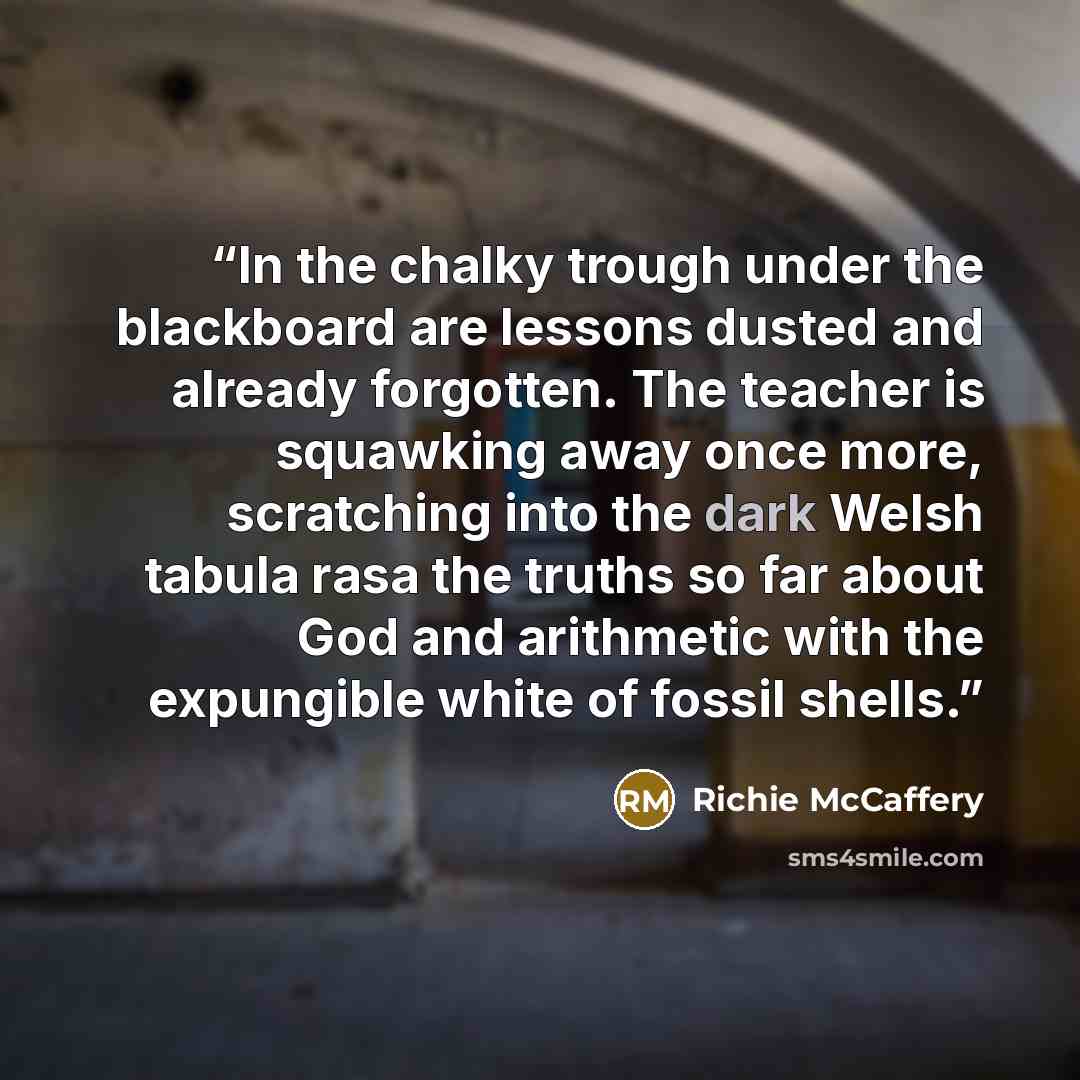 “In the chalky trough under the blackboard are lessons dusted and already forgotten. The teacher is squawking away once more, scratching into the dark Welsh tabula rasa the truths so far about God and arithmetic with the expungible white of fossil shells.” quote by Richie McCaffery