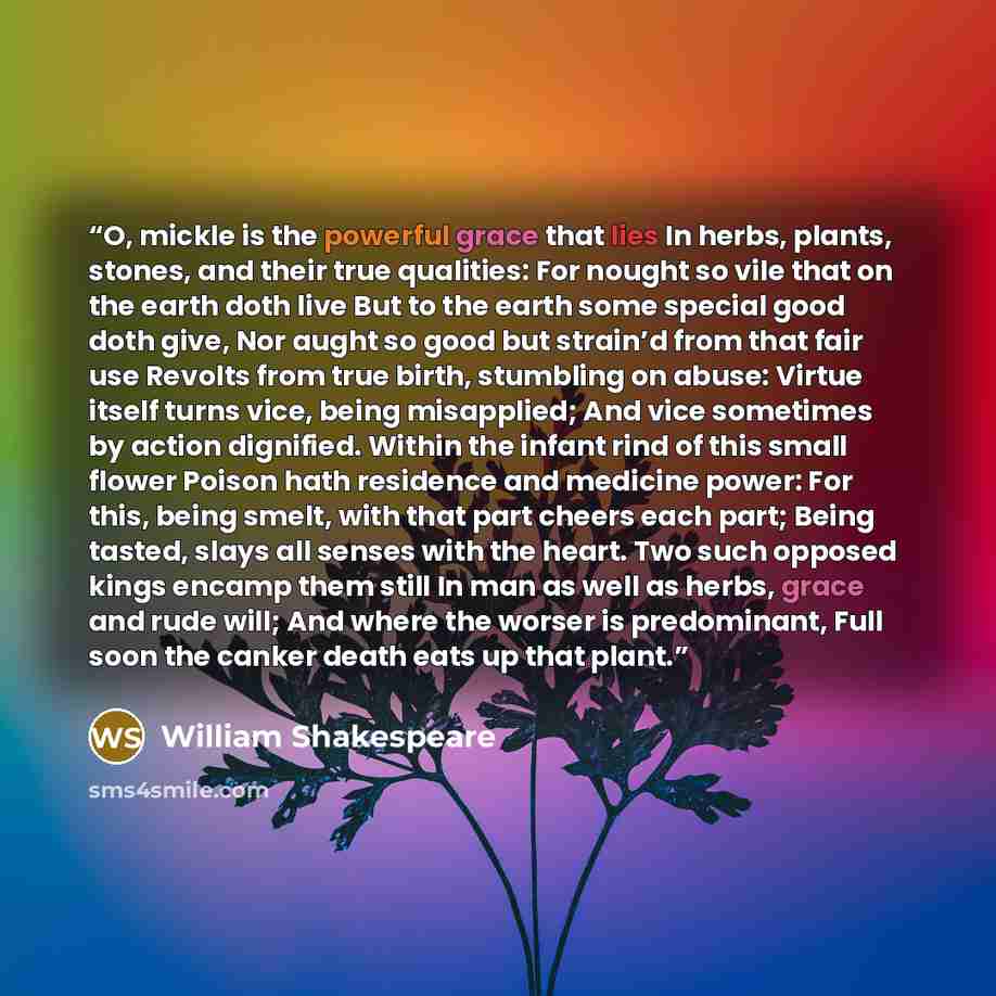 “O, mickle is the powerful grace that lies In herbs, plants, stones, and their true qualities: For nought so vile that on the earth doth live But to the earth some special good doth give, Nor aught so good but strain’d from that fair use Revolts from true birth, stumbling on abuse: Virtue itself…” quote by William Shakespeare