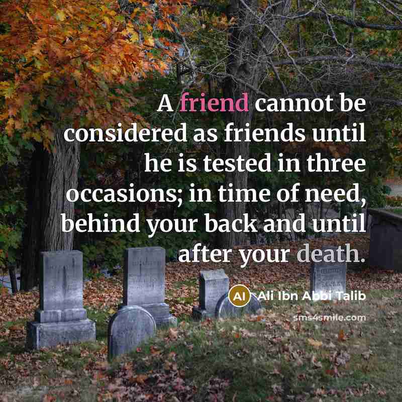 “A friend cannot be considered as friends until he is tested in three occasions; in time of need, behind your back and until after your death.” quote by Ali Ibn Abbi Talib