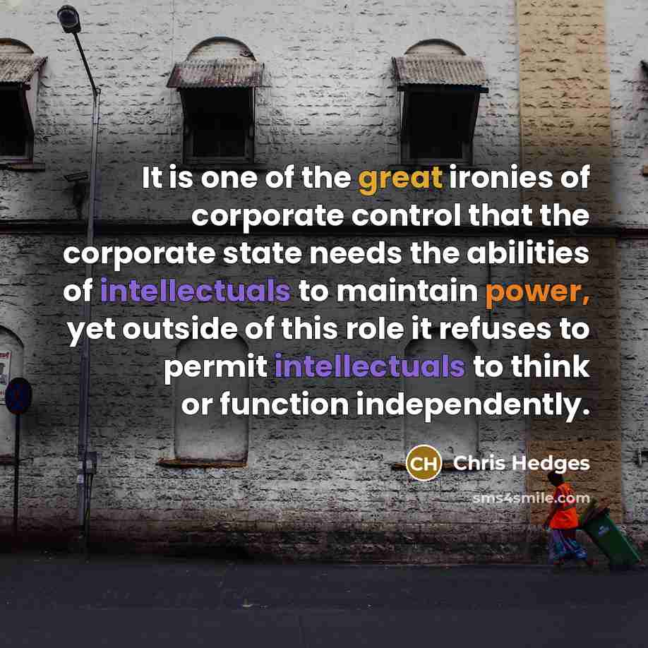 “It is one of the great ironies of corporate control…” quote by Chris Hedges