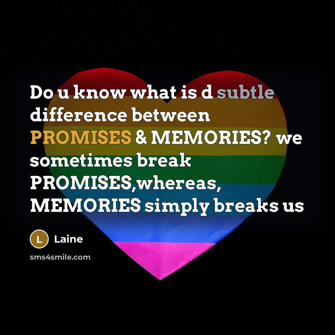 “Do u know what is d subtle difference between PROMISES & MEMORIES? we sometimes break PROMISES,whereas, MEMORIES simply breaks us” quote by Laine