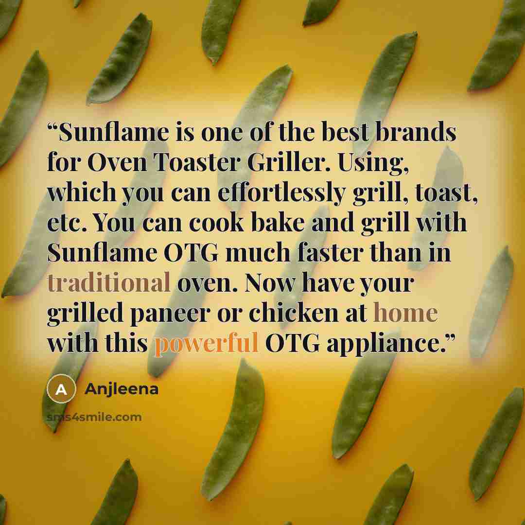 “Sunflame is one of the best brands for Oven Toaster Griller. Using, which you can effortlessly grill, toast, etc. You can cook bake and grill with Sunflame OTG much faster than in traditional oven. Now have your grilled paneer or chicken at home with this powerful OTG appliance.” quote by Anjleena