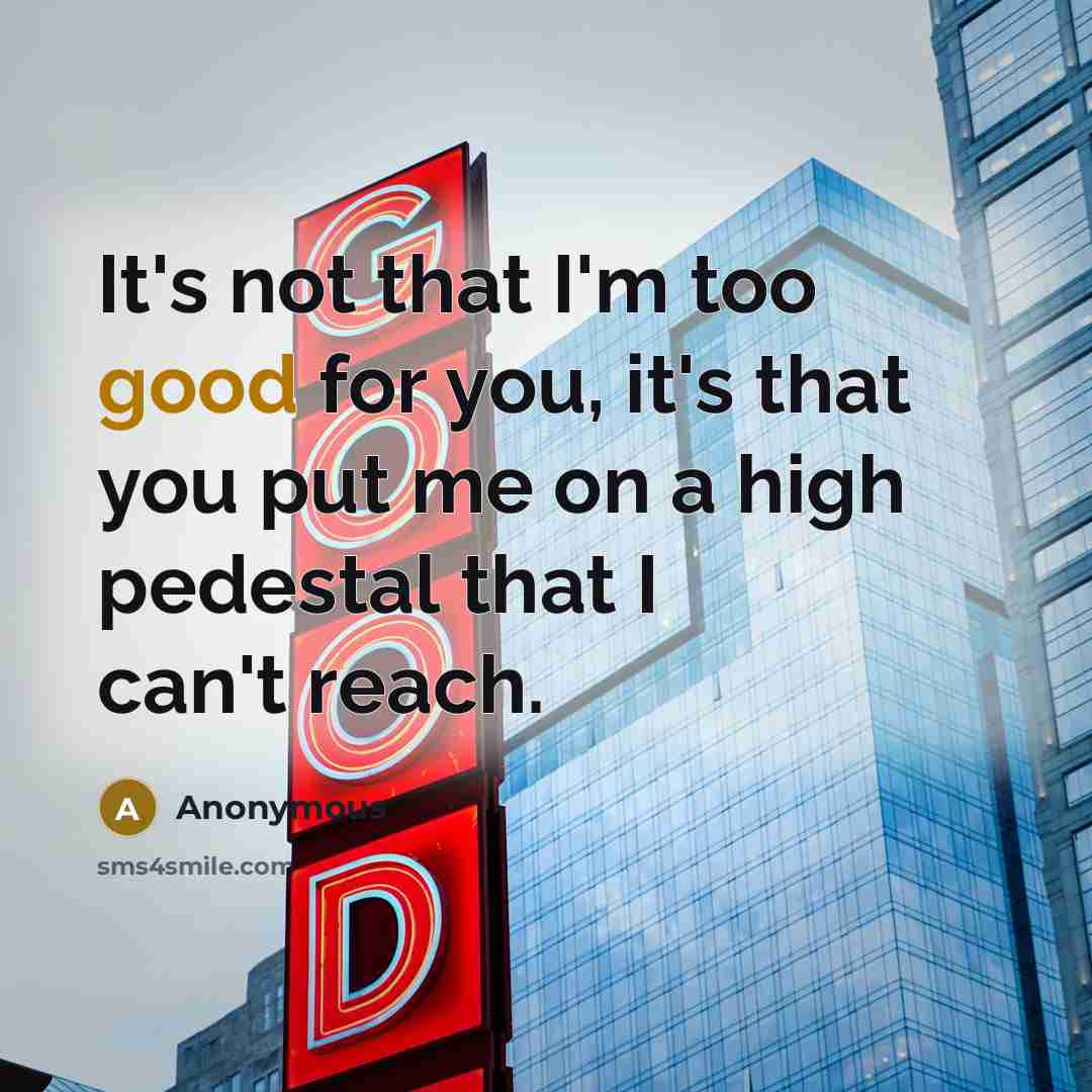“It's not that I'm too good for you, it's that you put me on a high pedestal that I can't reach.” quote by Anonymous