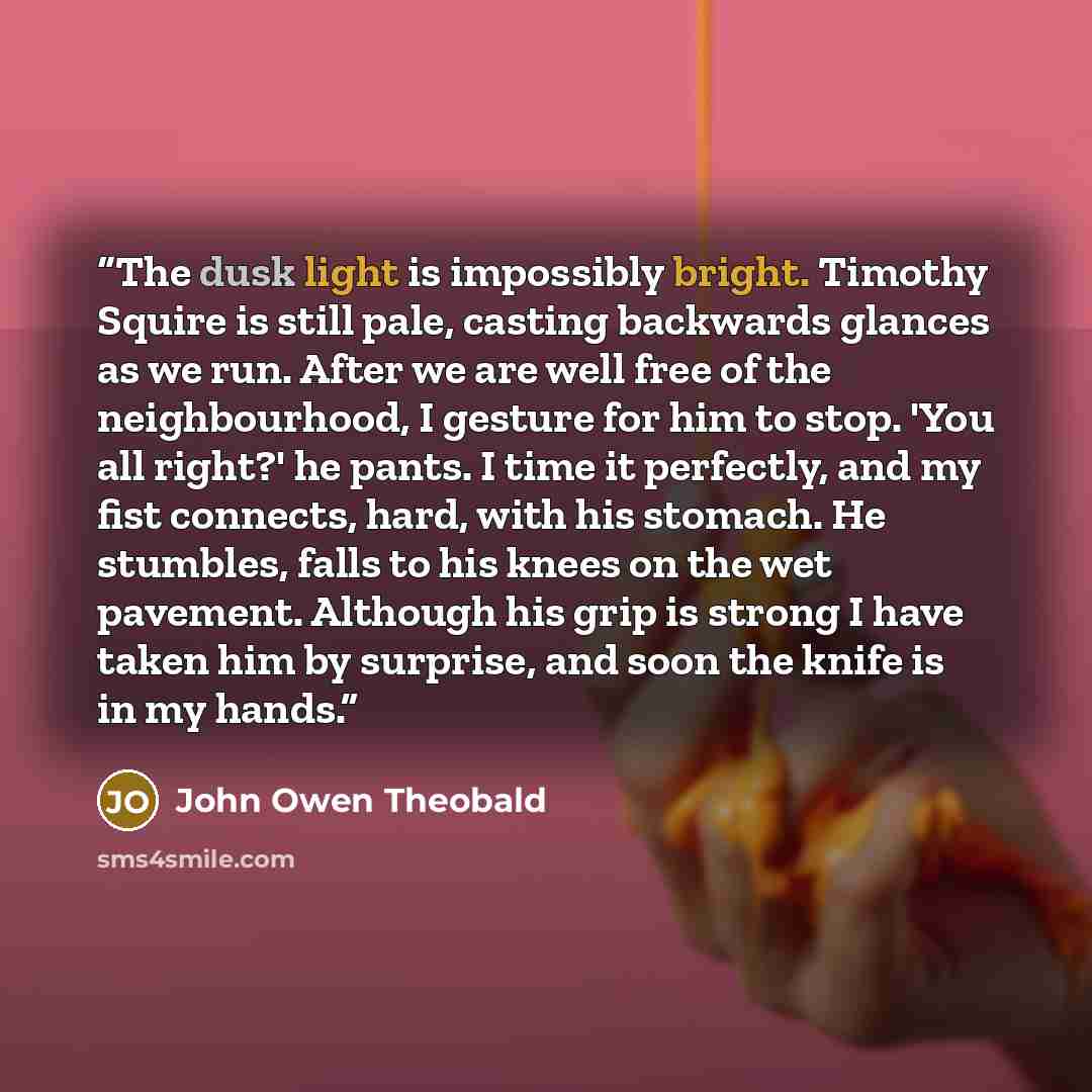 “The dusk light is impossibly bright. Timothy Squire is still pale, casting backwards glances as we run. After we are well free of the neighbourhood, I gesture for him to stop. 'You all right?' he pants. I time it perfectly, and my fist connects, hard, with his stomach. He stumbles, falls to his…” quote by John Owen Theobald