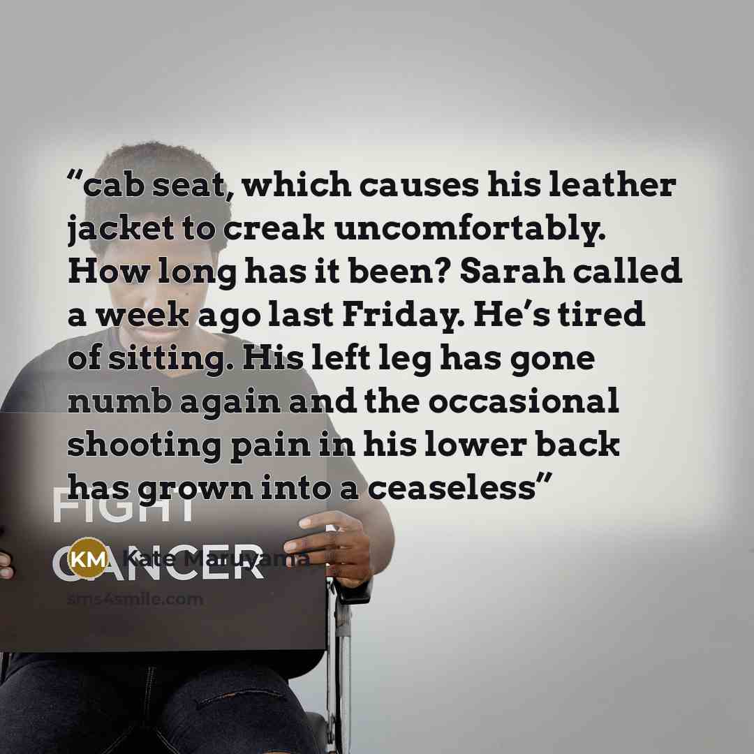 “cab seat, which causes his leather jacket to creak uncomfortably. How long has it been? Sarah called a week ago last Friday. He’s tired of sitting. His left leg has gone numb again and the occasional shooting pain in his lower back has grown into a ceaseless” quote by Kate Maruyama