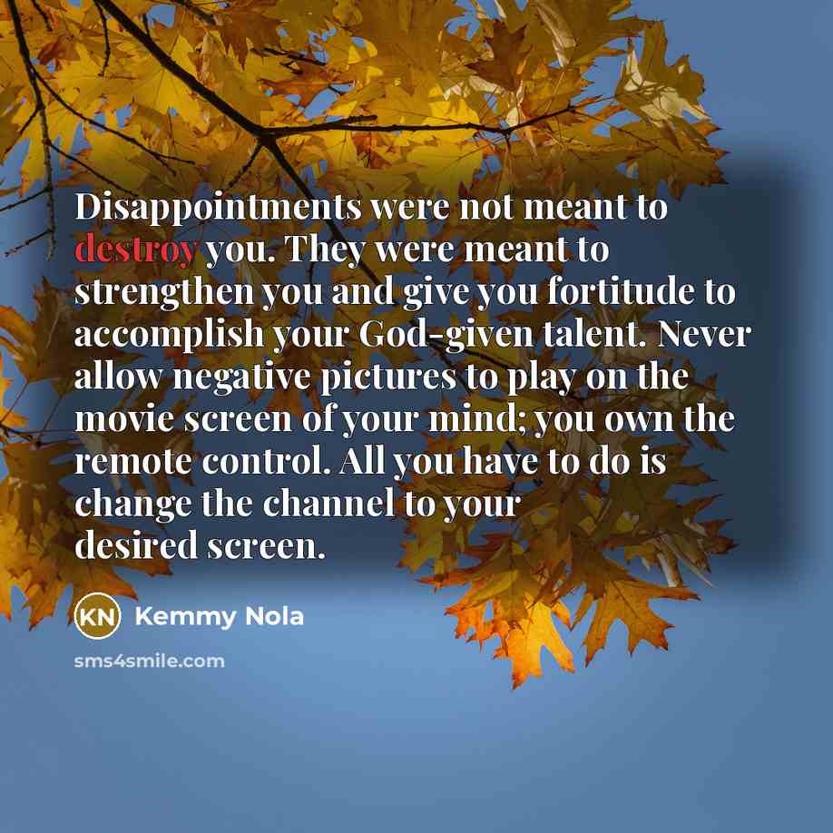 “Disappointments were not meant to destroy you. They were meant…” quote by Kemmy Nola