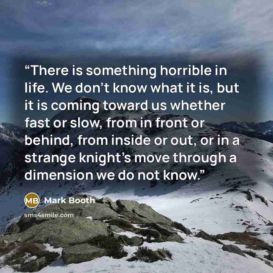 “There is something horrible in life. We don’t know what it is, but it is coming toward us whether fast or slow, from in front or behind, from inside or out, or in a strange knight’s move through a dimension we do not know.” quote by Mark Booth