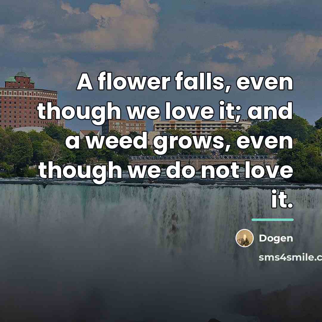 “A flower falls, even though we love it; and a…” quote by Dogen