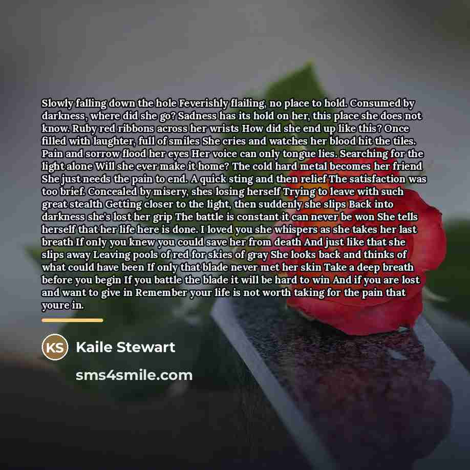 “Slowly falling down the hole Feverishly flailing, no place to…” quote by Kaile Stewart