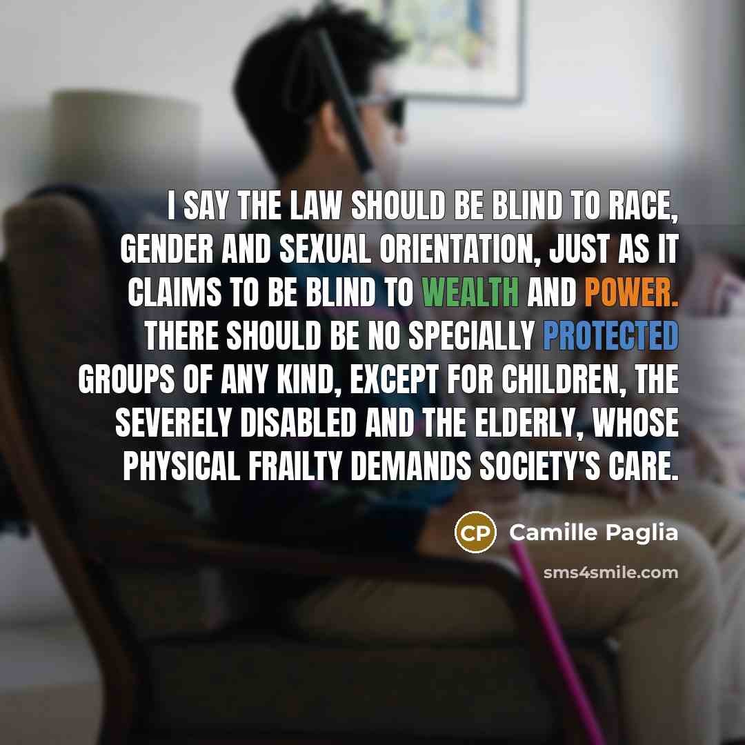 “I say the law should be blind to race, gender…” quote by Camille Paglia
