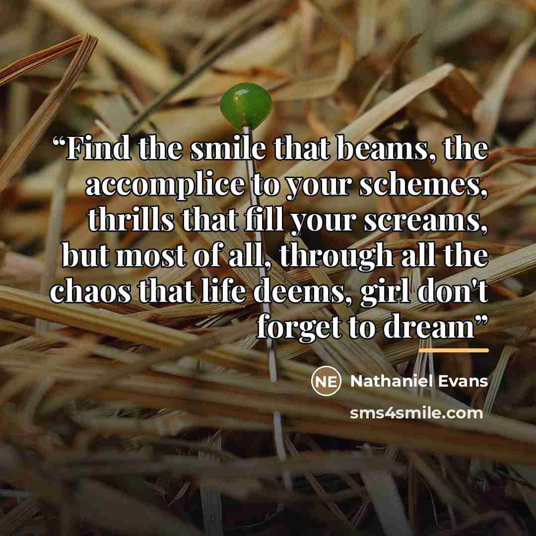 “Find the smile that beams, the accomplice to your schemes, thrills that fill your screams, but most of all, through all the chaos that life deems, girl don't forget to dream” quote by Anonymous