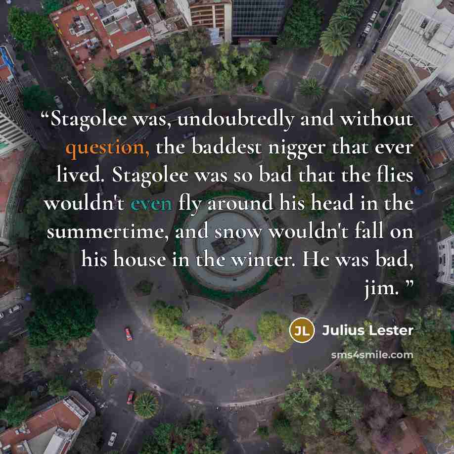 “Stagolee was, undoubtedly and without question, the baddest nigger that ever lived. Stagolee was so bad that the flies wouldn't even fly around his head in the summertime, and snow wouldn't fall on his house in the winter. He was bad, jim.” quote by Julius Lester