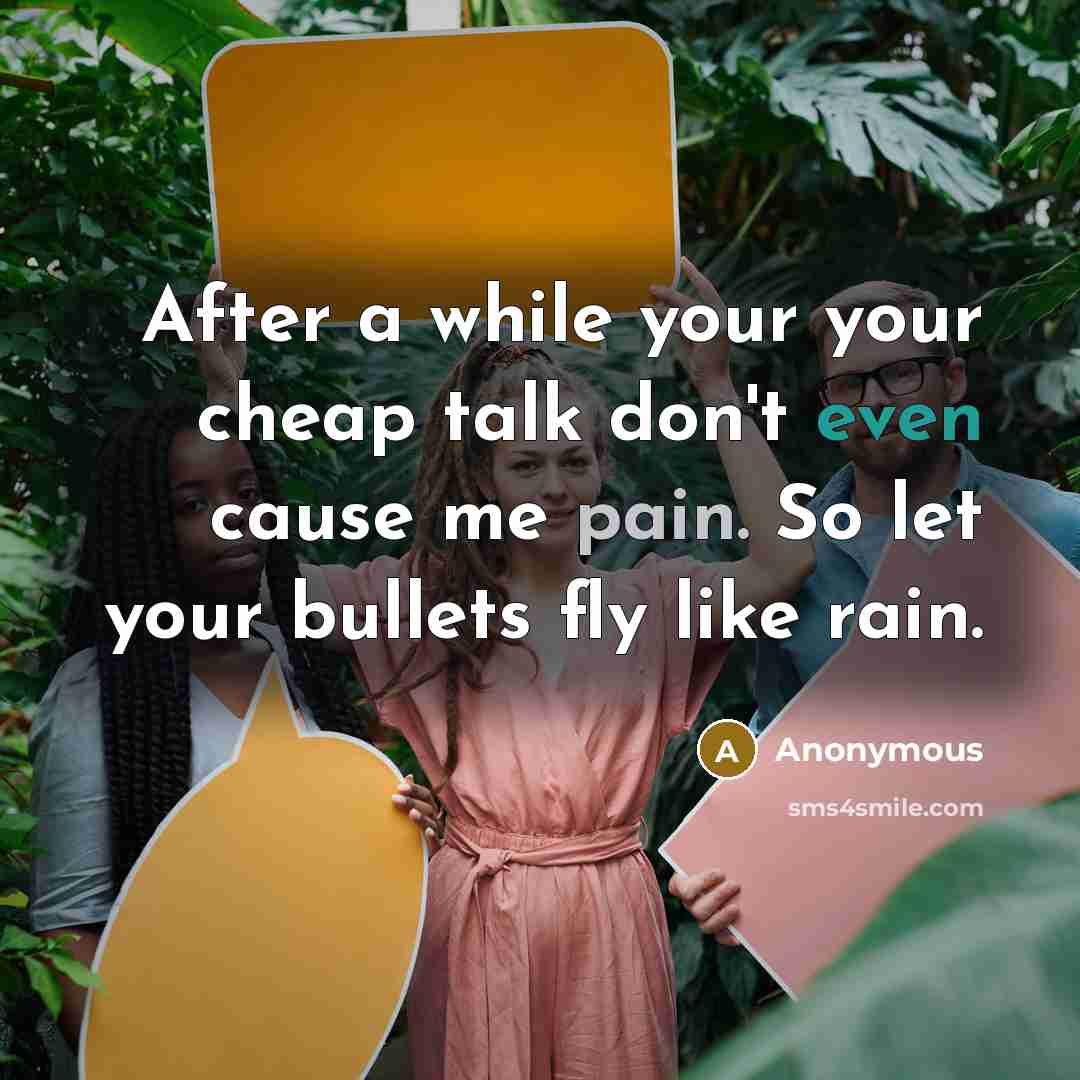 “After a while your your cheap talk don't even cause me pain. So let your bullets fly like rain.” quote by Anonymous