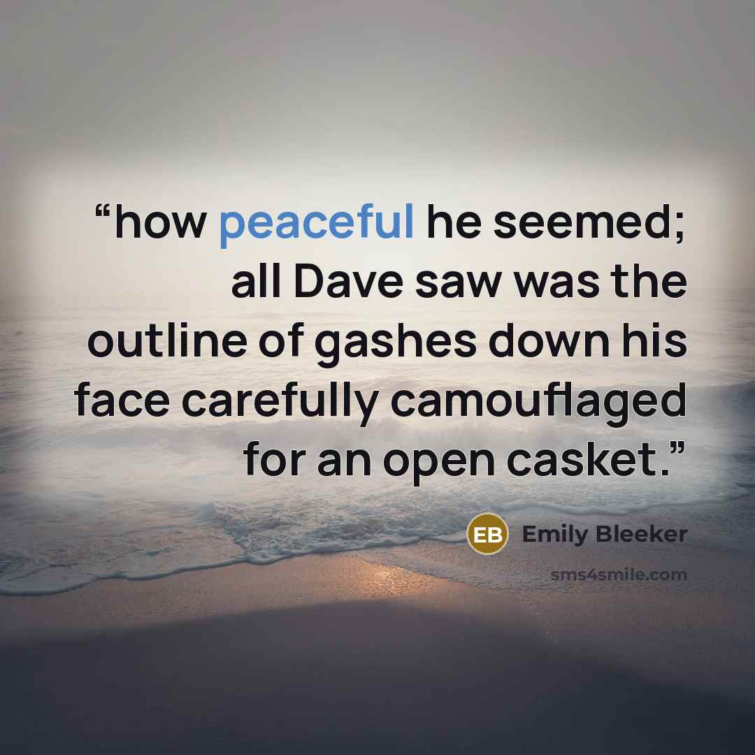 “how peaceful he seemed; all Dave saw was the outline of gashes down his face carefully camouflaged for an open casket.” quote by Emily Bleeker