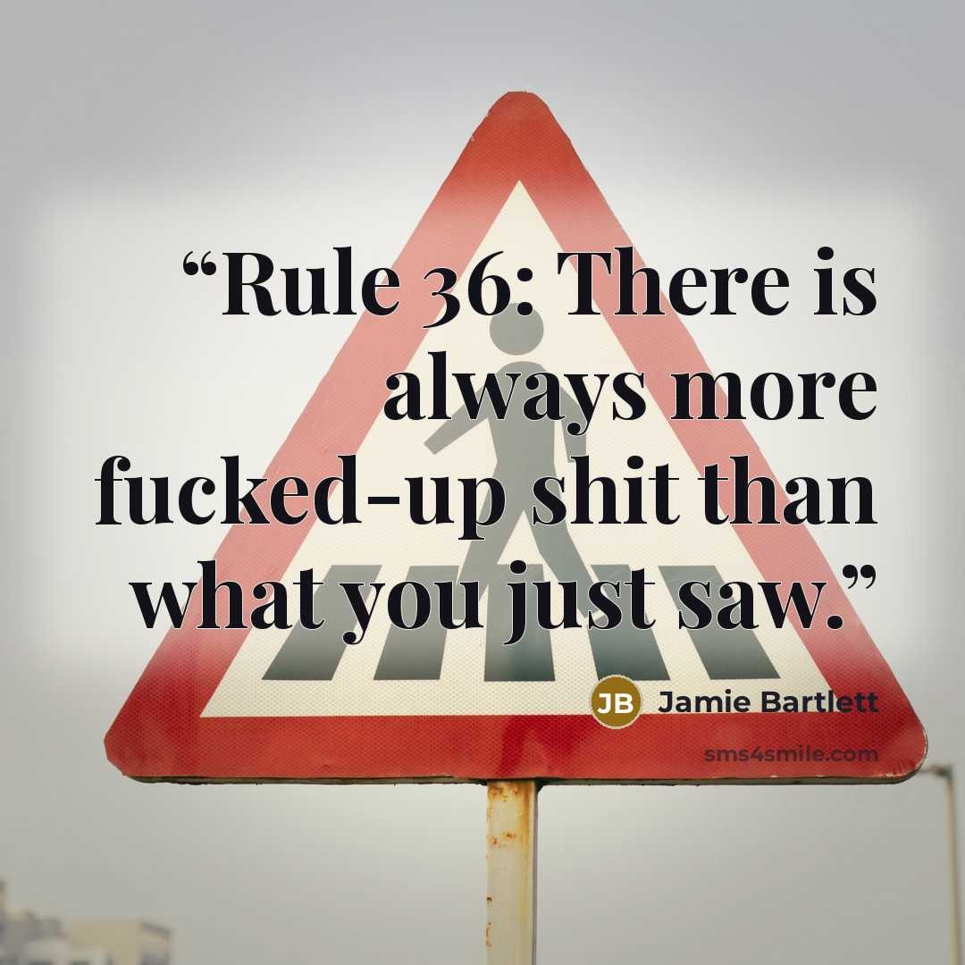 “Rule 36: There is always more fucked-up shit than what you just saw.” quote by Jamie Bartlett