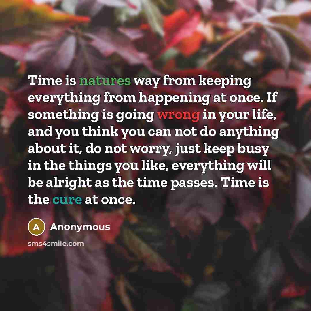 “Time is natures way from keeping everything from happening at once. If something is going wrong in your life, and you think you can not do anything about it, do not worry, just keep busy in the things you like, everything will be alright as the time passes. Time is the cure at once.” quote by Anonymous