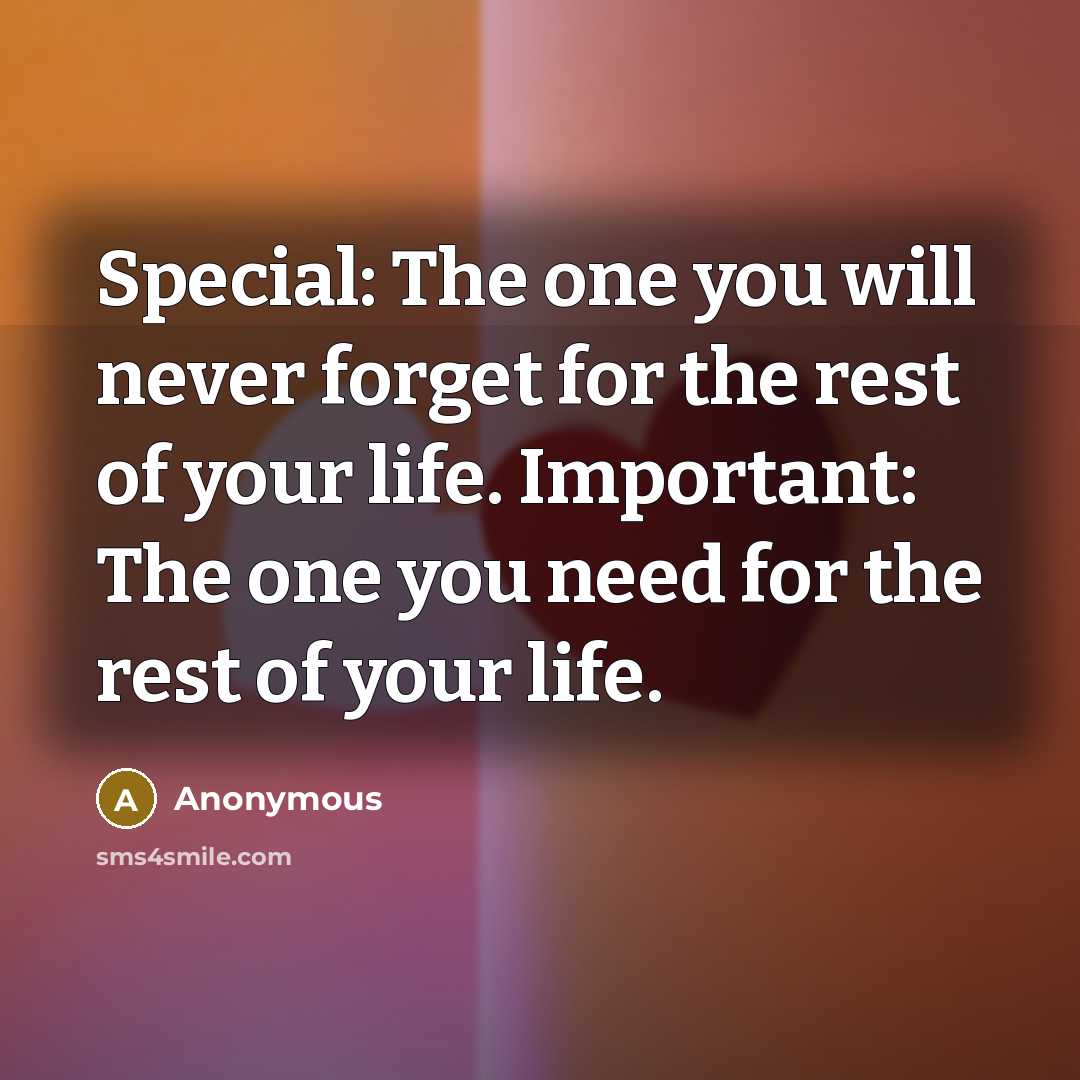 “Special: The one you will never forget for the rest of your life. Important: The one you need for the rest of your life.” quote by Anonymous