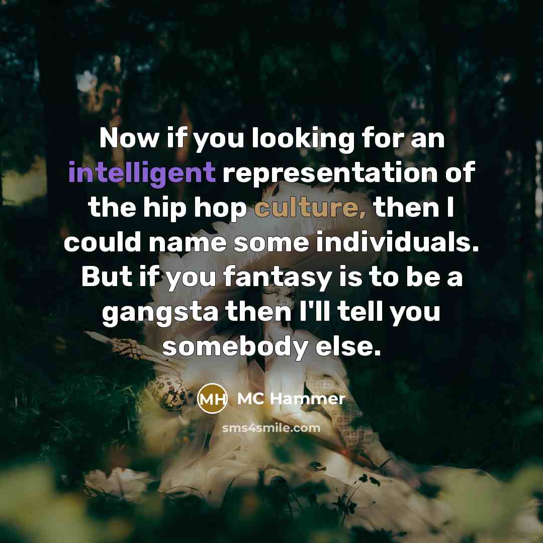 “Now if you looking for an intelligent representation of the hip hop culture, then I could name some individuals. But if you fantasy is to be a gangsta then I'll tell you somebody else.” quote by MC Hammer