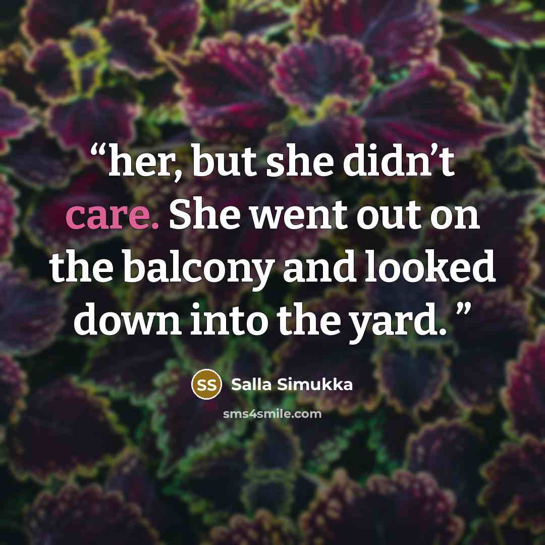 “her, but she didn’t care. She went out on the balcony and looked down into the yard.” quote by Salla Simukka