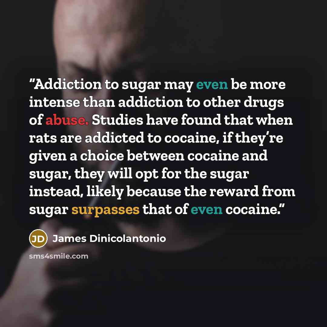 “Addiction to sugar may even be more intense than addiction to other drugs of abuse. Studies have found that when rats are addicted to cocaine, if they’re given a choice between cocaine and sugar, they will opt for the sugar instead, likely because the reward from sugar surpasses that of even…” quote by James Dinicolantonio