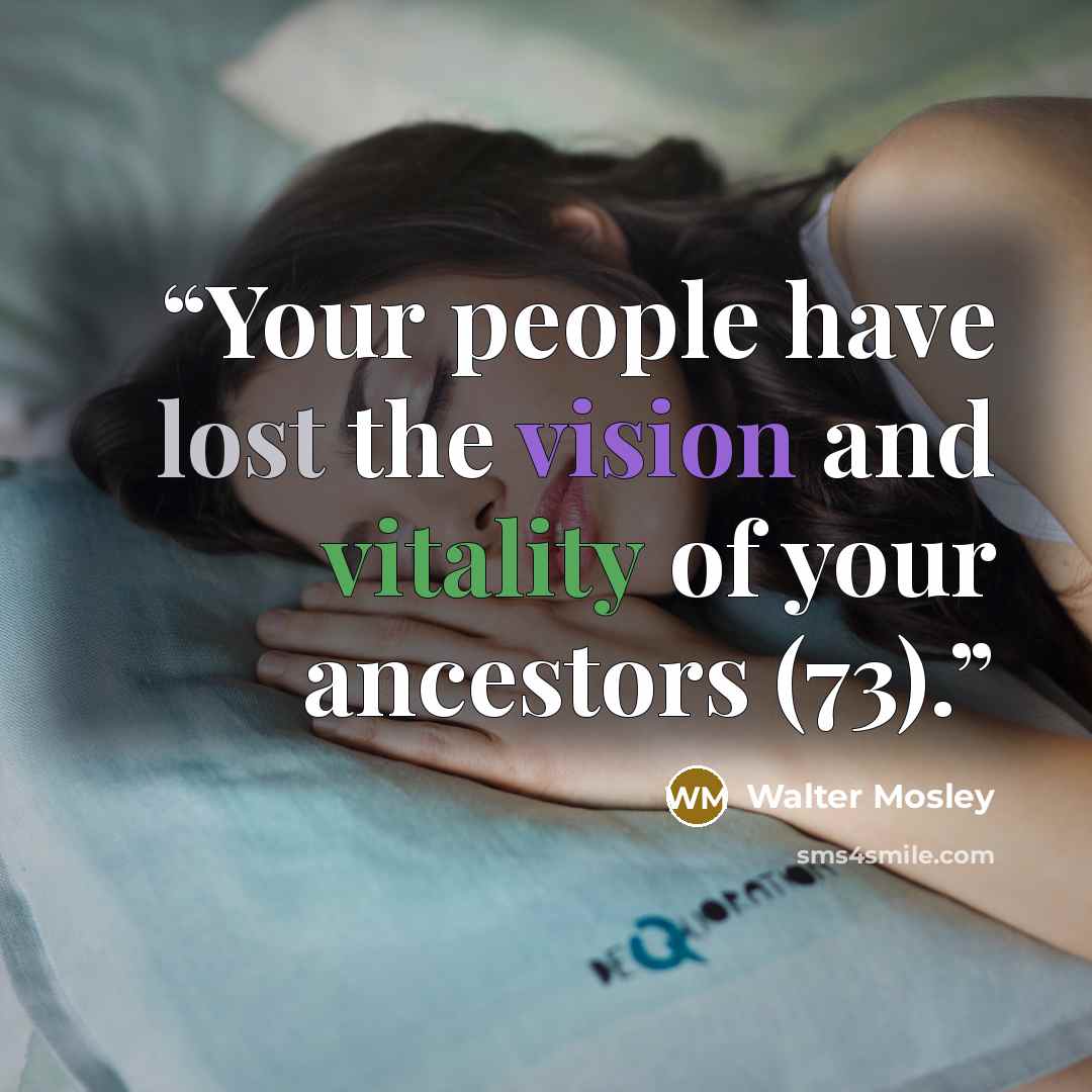 “Your people have lost the vision and vitality of your ancestors (73).” quote by Walter Mosley
