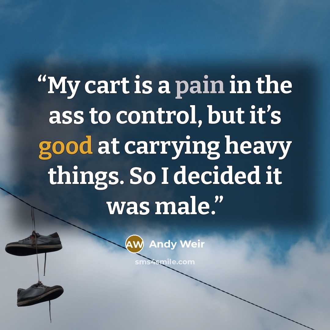 “My cart is a pain in the ass to control, but it’s good at carrying heavy things. So I decided it was male.” quote by Andy Weir