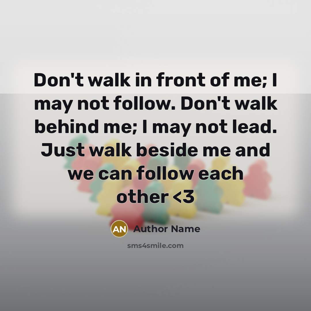 “Don't walk in front of me; I may not follow. Don't walk behind me; I may not lead. Just walk beside me and we can follow each other” quote by Author Name