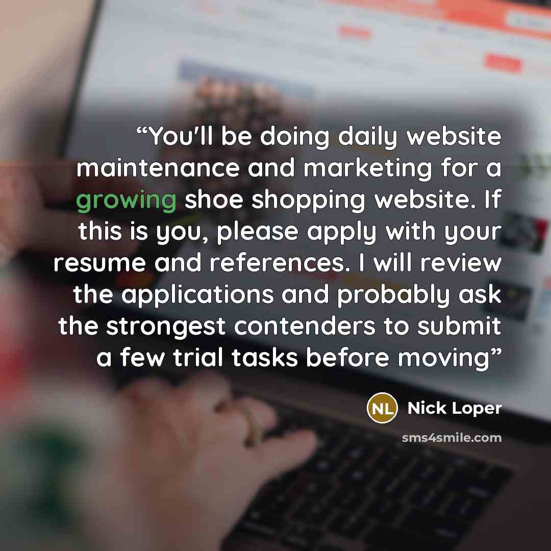“You'll be doing daily website maintenance and marketing for a growing shoe shopping website. If this is you, please apply with your resume and references. I will review the applications and probably ask the strongest contenders to submit a few trial tasks before moving” quote by Nick Loper