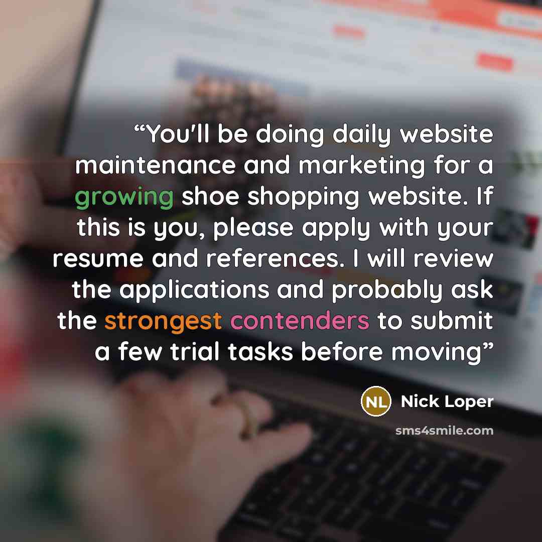 “You'll be doing daily website maintenance and marketing for a growing shoe shopping website. If this is you, please apply with your resume and references. I will review the applications and probably ask the strongest contenders to submit a few trial tasks before moving” quote by Nick Loper
