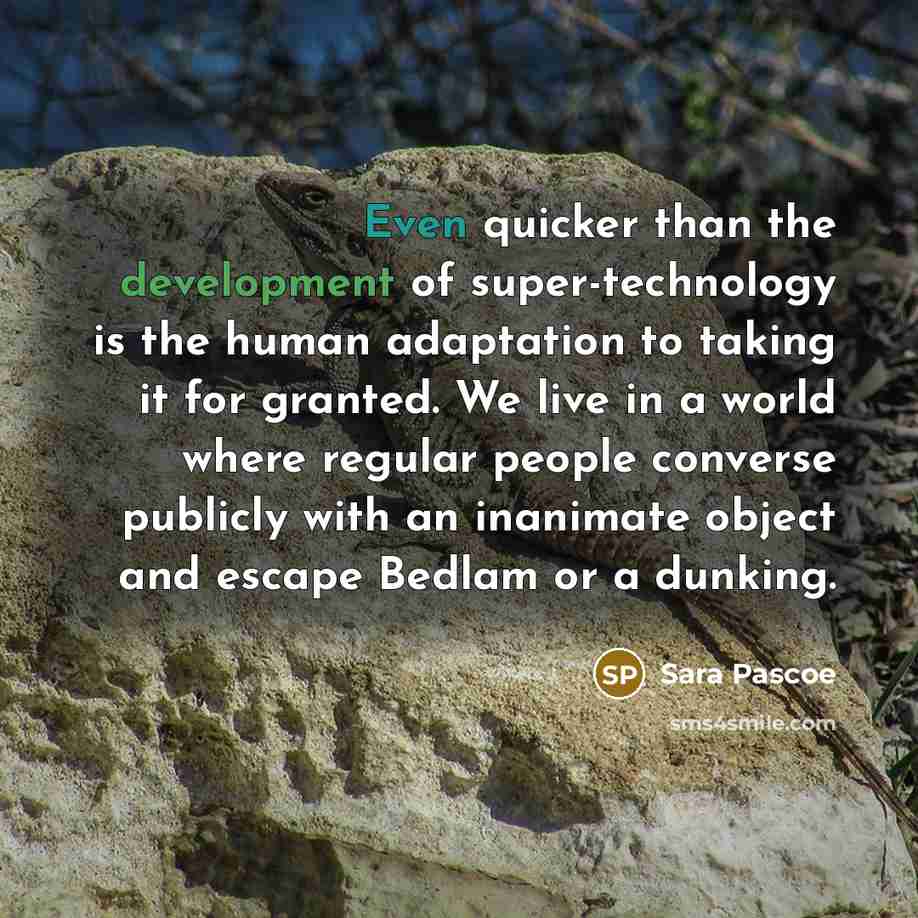 “Even quicker than the development of super-technology is the human adaptation to taking it for granted. We live in a world where regular people converse publicly with an inanimate object and escape Bedlam or a dunking.” quote by Sara Pascoe