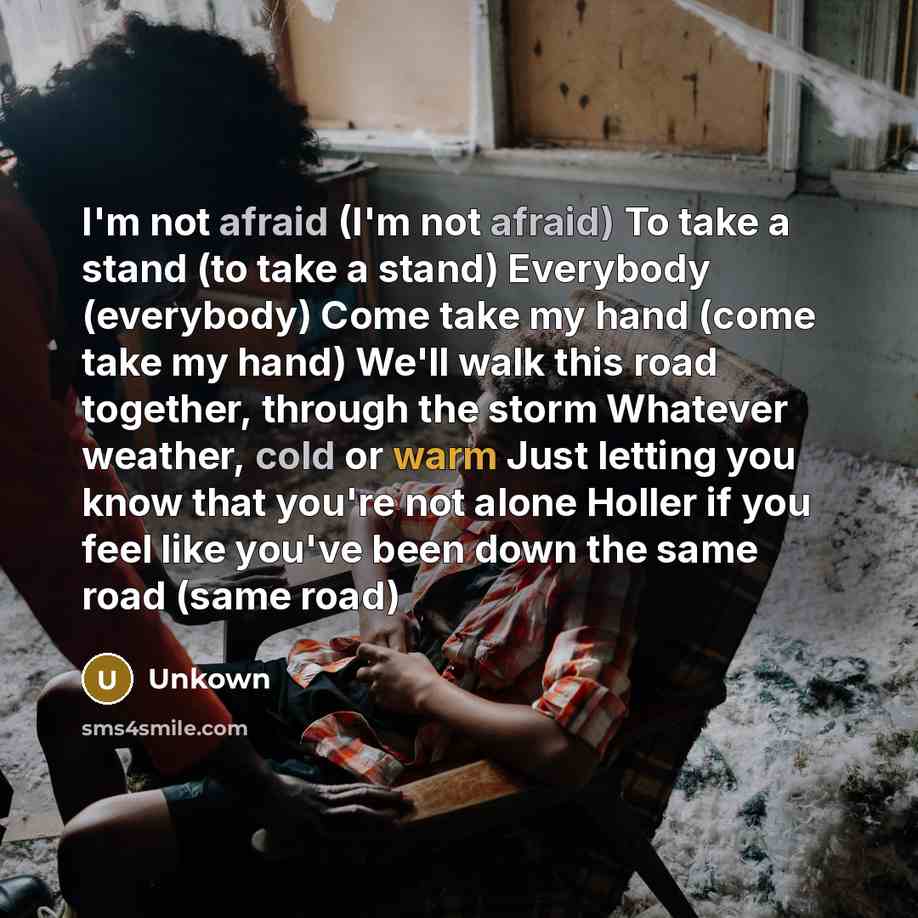 “I'm not afraid (I'm not afraid) To take a stand (to take a stand) Everybody (everybody) Come take my hand (come take my hand) We'll walk this road together, through the storm Whatever weather, cold or warm Just letting you know that you're not alone Holler if you feel like you've been down the…” quote by Unkown