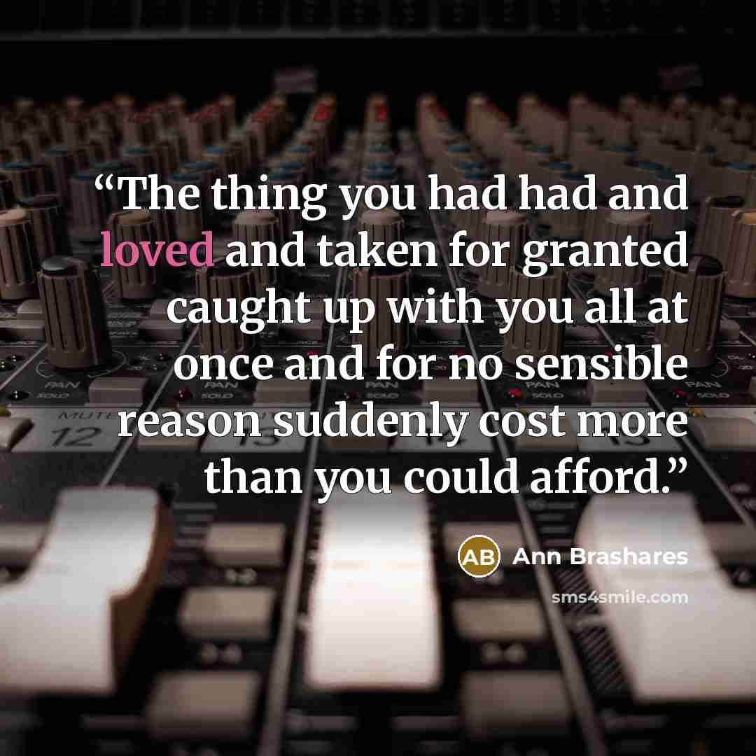 “The thing you had had and loved and taken for granted caught up with you all at once and for no sensible reason suddenly cost more than you could afford.” quote by Ann Brashares