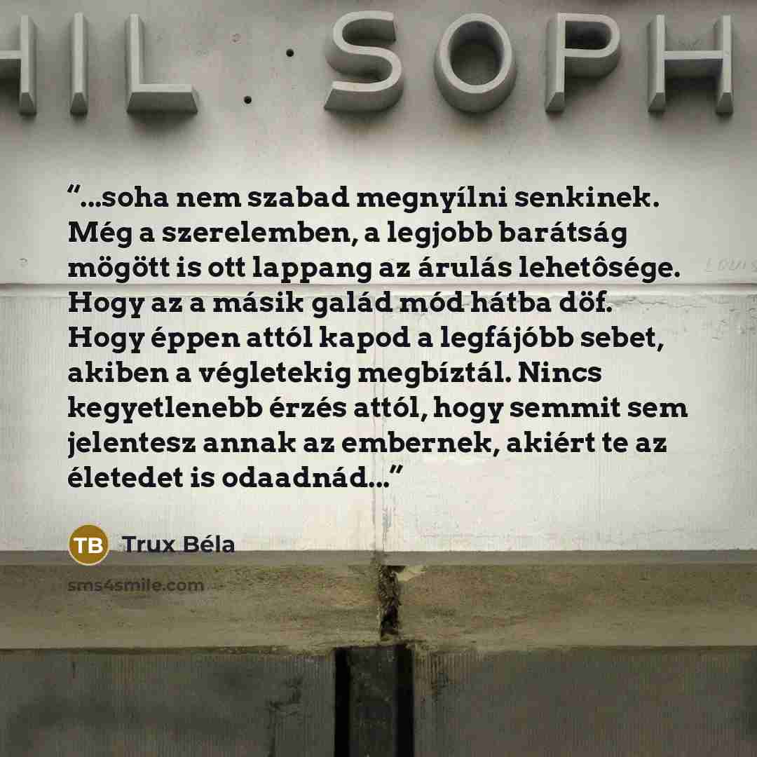 “...soha nem szabad megnyílni senkinek. Még a szerelemben, a legjobb barátság mögött is ott lappang az árulás lehetôsége. Hogy az a másik galád mód hátba döf. Hogy éppen attól kapod a legfájóbb sebet, akiben a végletekig megbíztál. Nincs kegyetlenebb érzés attól, hogy semmit sem jelentesz annak az…” quote by Trux Béla