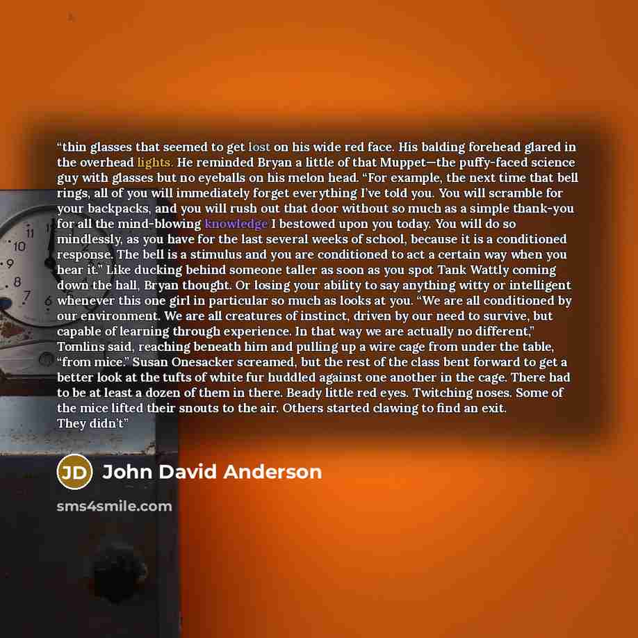 “thin glasses that seemed to get lost on his wide red face. His balding forehead glared in the overhead lights. He reminded Bryan a little of that Muppet—the puffy-faced science guy with glasses but no eyeballs on his melon head. “For example, the next time that bell rings, all of you will…” quote by John David Anderson