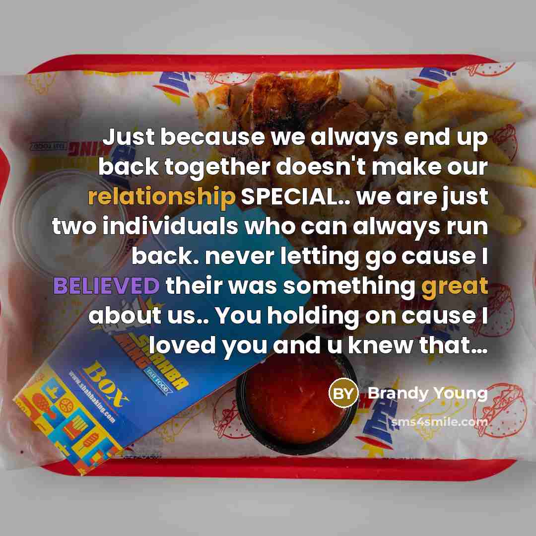 “Just because we always end up back together doesn't make our relationship SPECIAL.. we are just two individuals who can always run back. never letting go cause I BELIEVED their was something great about us.. You holding on cause I loved you and u knew that…” quote by Brandy Young
