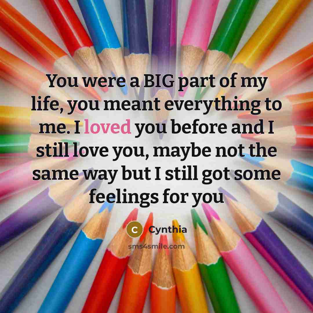 “You were a BIG part of my life, you meant everything to me. I loved you before and I still love you, maybe not the same way but I still got some feelings for you” quote by Cynthia