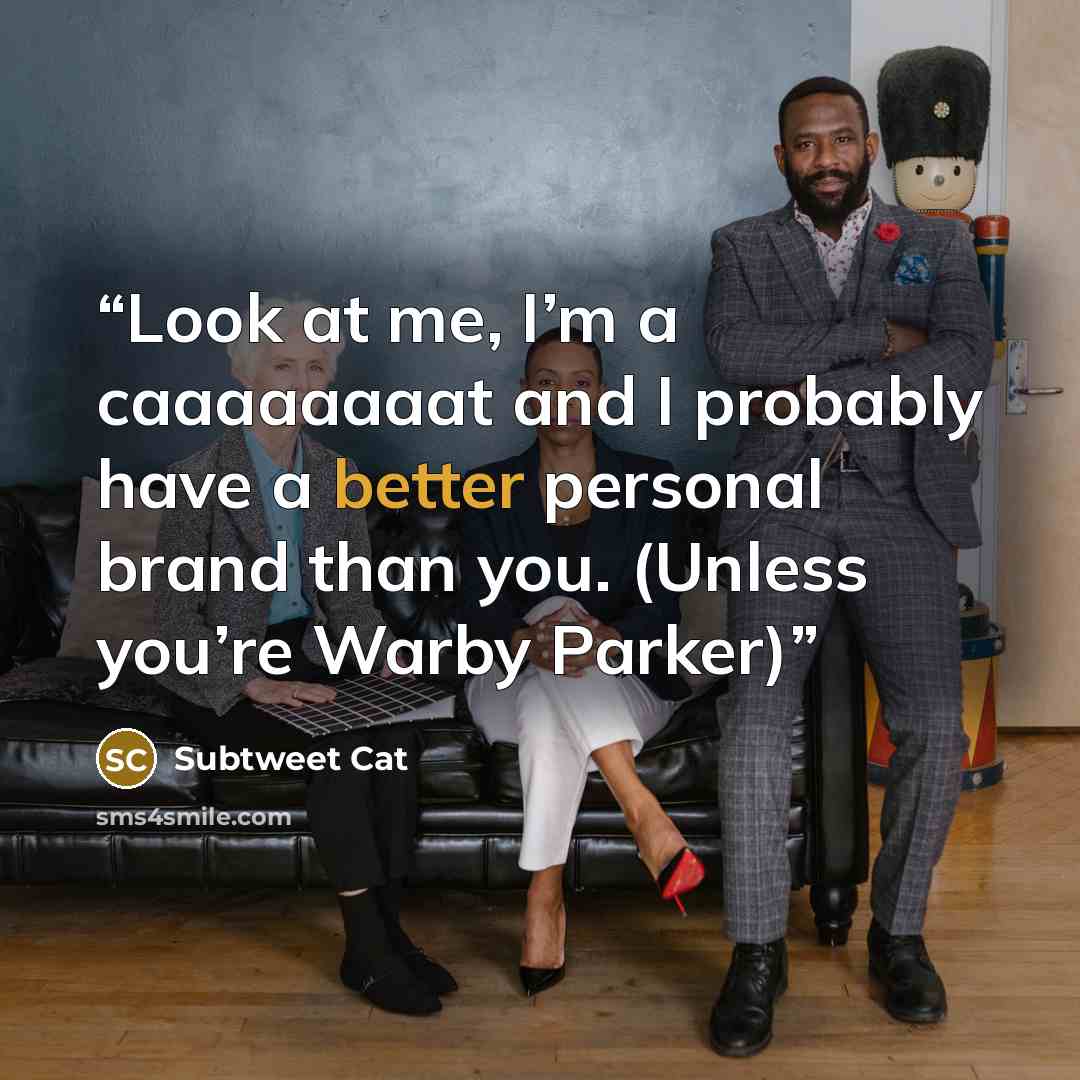 “Look at me, I’m a caaaaaaaat and I probably have a better personal brand than you. (Unless you’re Warby Parker)” quote by Subtweet Cat