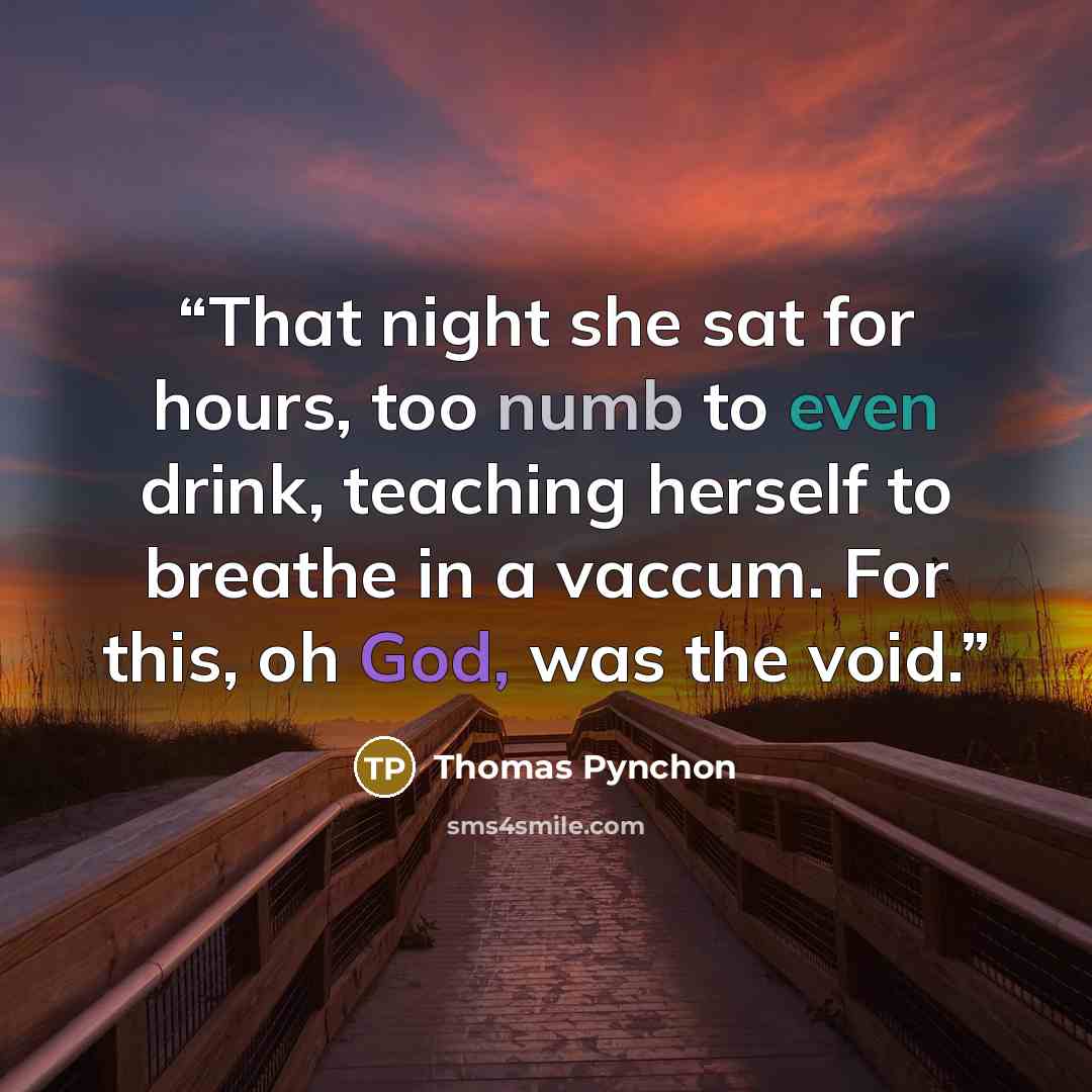 “That night she sat for hours, too numb to even drink, teaching herself to breathe in a vaccum. For this, oh God, was the void.” quote by Thomas Pynchon