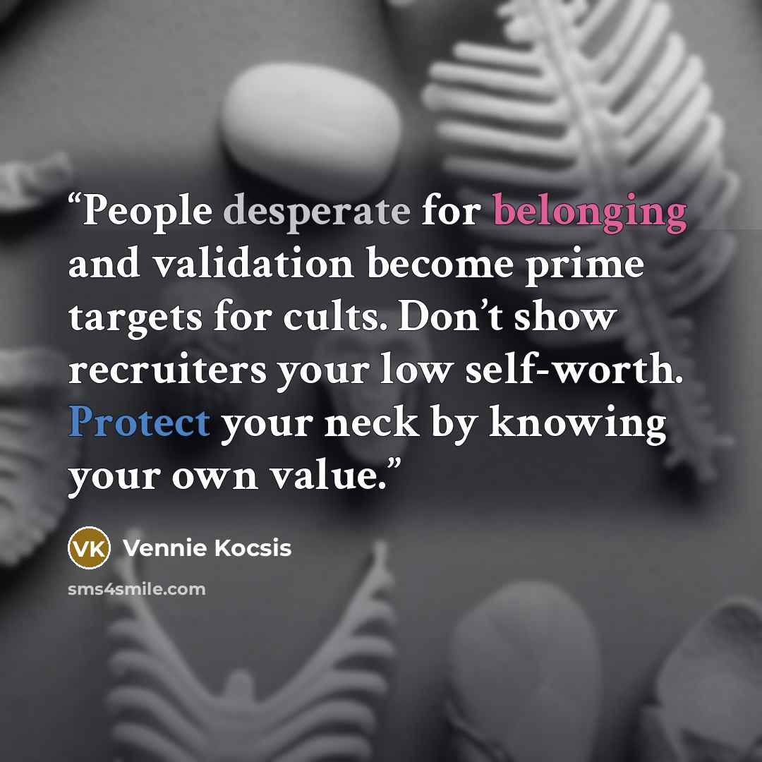 “People desperate for belonging and validation become prime targets for cults. Don’t show recruiters your low self-worth. Protect your neck by knowing your own value.” quote by Vennie Kocsis
