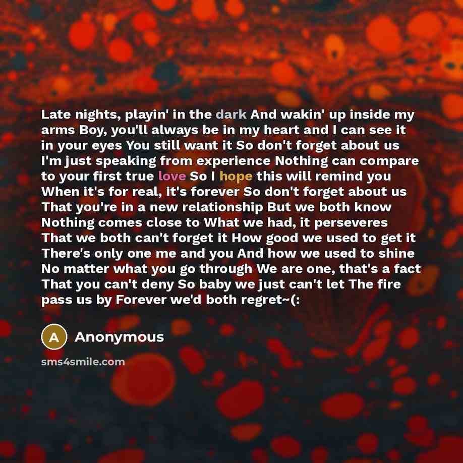 “Late nights, playin' in the dark And wakin' up inside my arms Boy, you'll always be in my heart and I can see it in your eyes You still want it So don't forget about us I'm just speaking from experience Nothing can compare to your first true love So I hope this will remind you When it's for real…” quote by Anonymous