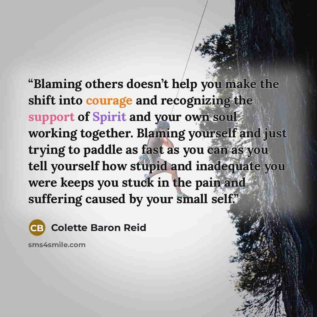 “Blaming others doesn’t help you make the shift into courage and recognizing the support of Spirit and your own soul working together. Blaming yourself and just trying to paddle as fast as you can as you tell yourself how stupid and inadequate you were keeps you stuck in the pain and suffering…” quote by Colette Baron Reid