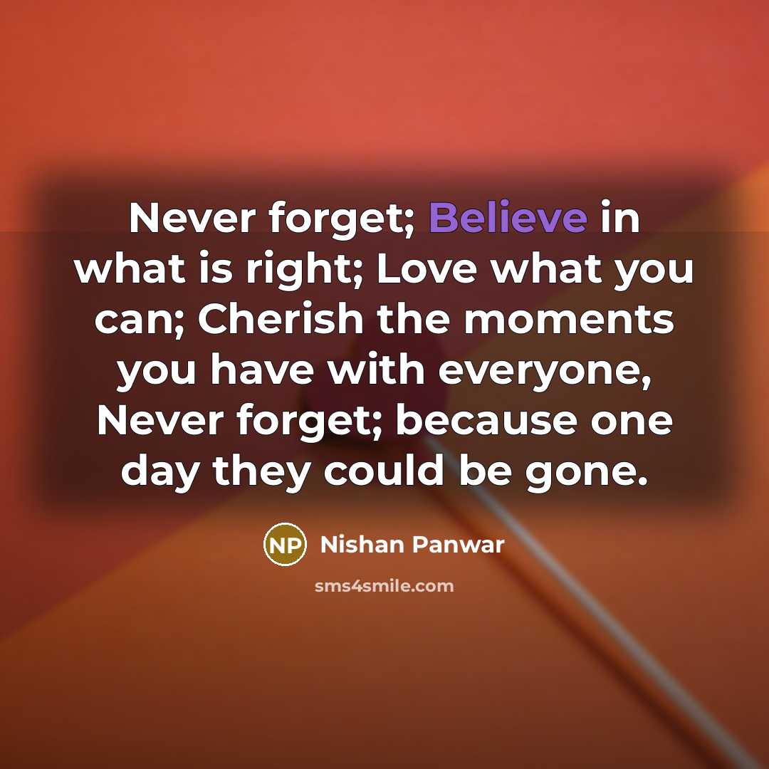 “Never forget; Believe in what is right; Love what you…” quote by Nishan Panwar
