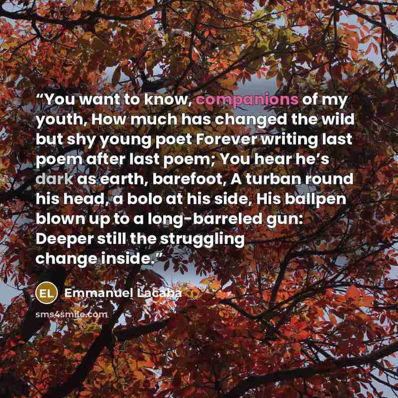 “You want to know, companions of my youth, How much has changed the wild but shy young poet Forever writing last poem after last poem; You hear he’s dark as earth, barefoot, A turban round his head, a bolo at his side, His ballpen blown up to a long-barreled gun: Deeper still the struggling change…” quote by Emmanuel Lacaba