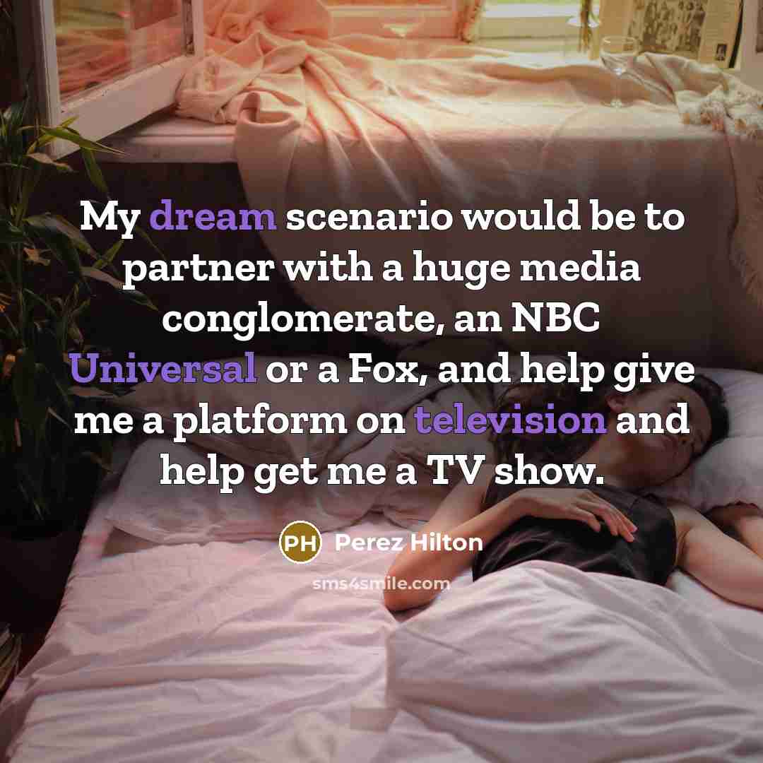 “My dream scenario would be to partner with a huge media conglomerate, an NBC Universal or a Fox, and help give me a platform on television and help get me a TV show.” quote by Perez Hilton